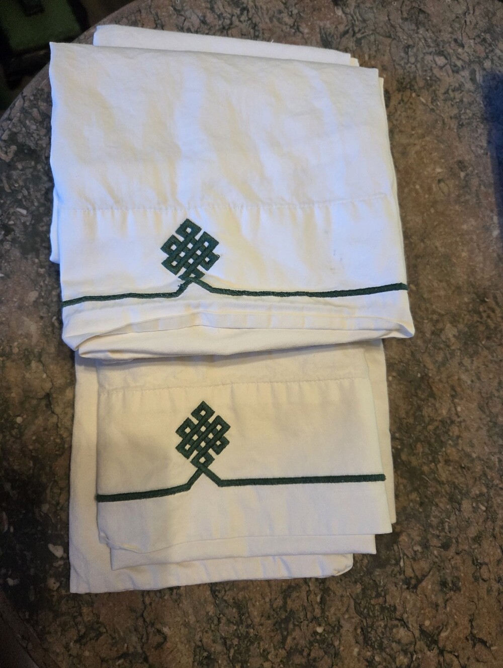 Serena & Lily Standard White Pillowcases w/ Green Embroidered Detail Set of 2